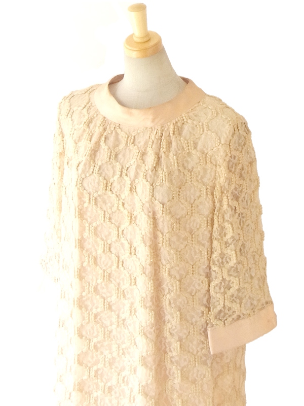 送料無料】フランス買い付け 60年代製 ピンクベージュ 総レース X  