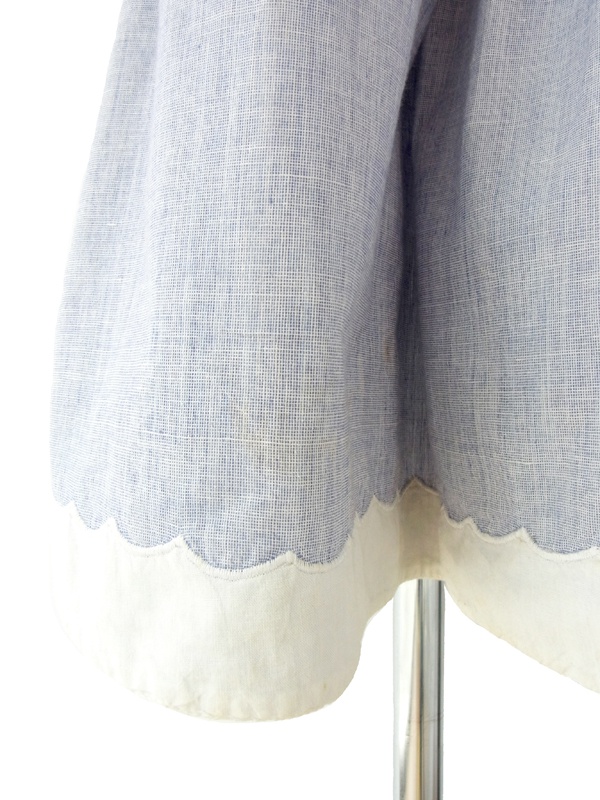６０年代フランス製 水色 X ホワイト 両面アンティーク花柄刺繍 ワンピース 14FC409