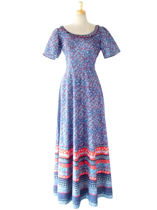 フランス買い付け ６０年代製 ブルー X レッド　美しい花柄プリント フリル襟 マキシワンピース 14FC410