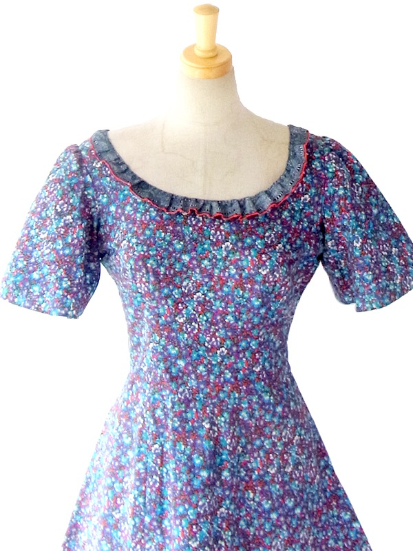 フランス買い付け ６０年代製 ブルー X レッド　美しい花柄プリント フリル襟 マキシワンピース 14FC410