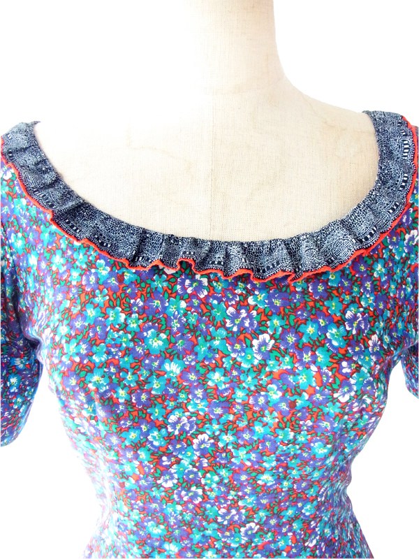 フランス買い付け ６０年代製 ブルー X レッド　美しい花柄プリント フリル襟 マキシワンピース 14FC410