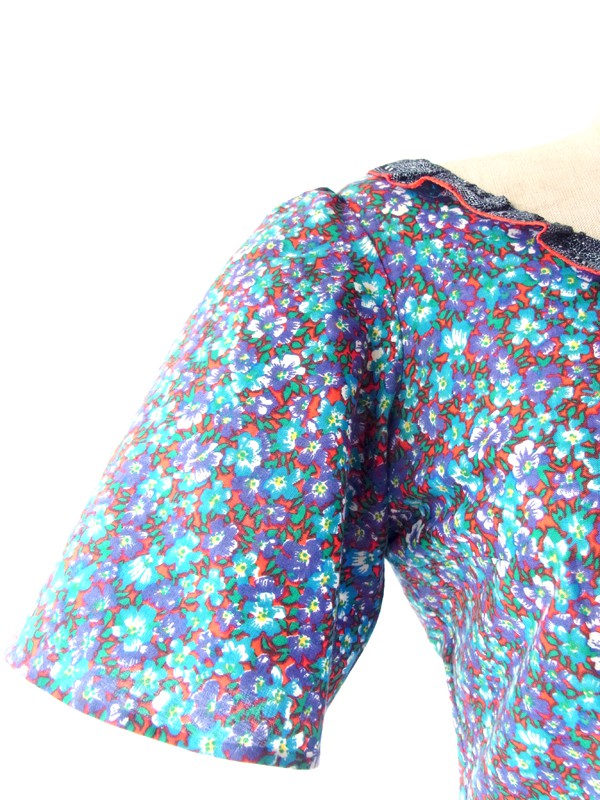 フランス買い付け ６０年代製 ブルー X レッド　美しい花柄プリント フリル襟 マキシワンピース 14FC410