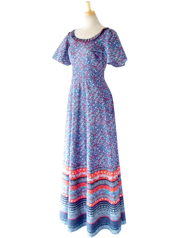 フランス買い付け ６０年代製 ブルー X レッド　美しい花柄プリント フリル襟 マキシワンピース 14FC410