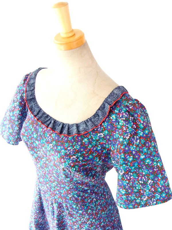 フランス買い付け ６０年代製 ブルー X レッド　美しい花柄プリント フリル襟 マキシワンピース 14FC410