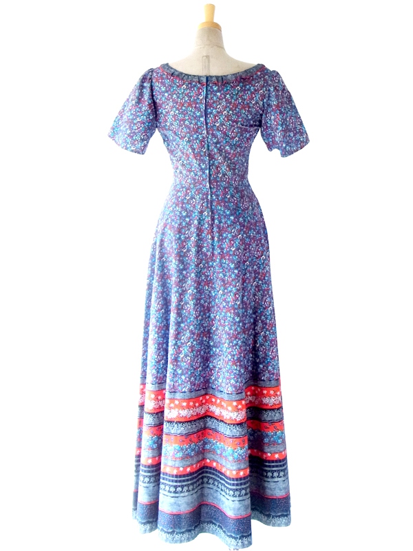 フランス買い付け ６０年代製 ブルー X レッド　美しい花柄プリント フリル襟 マキシワンピース 14FC410