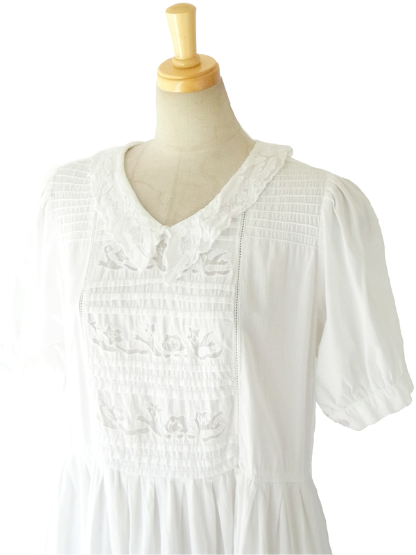 ヨーロッパ古着 フランス買い付け ホワイト 花透かし模様 アンティークデザイン ワンピース 14FC419
