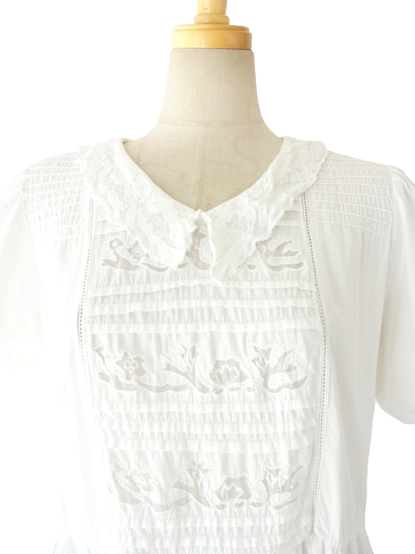 ヨーロッパ古着 フランス買い付け ホワイト 花透かし模様 アンティークデザイン ワンピース 14FC419