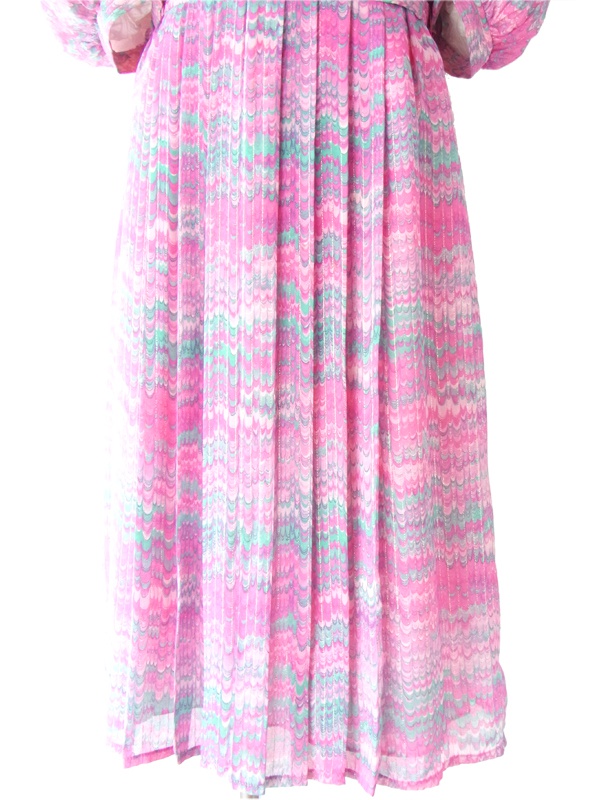 ６０年代フランス製 ピンク 水色 波模様 ゴールドラメ糸入り　レトロデザイン プリーツ ワンピース 14FC429