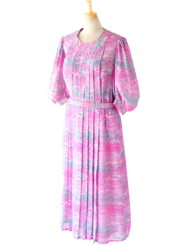 ６０年代フランス製 ピンク 水色 波模様 ゴールドラメ糸入り　レトロデザイン プリーツ ワンピース 14FC429