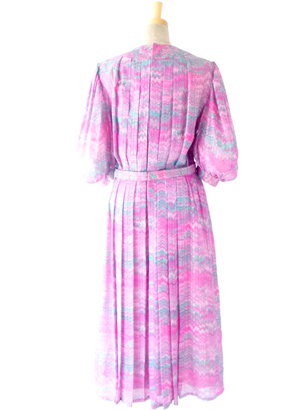 ６０年代フランス製 ピンク 水色 波模様 ゴールドラメ糸入り　レトロデザイン プリーツ ワンピース 14FC429