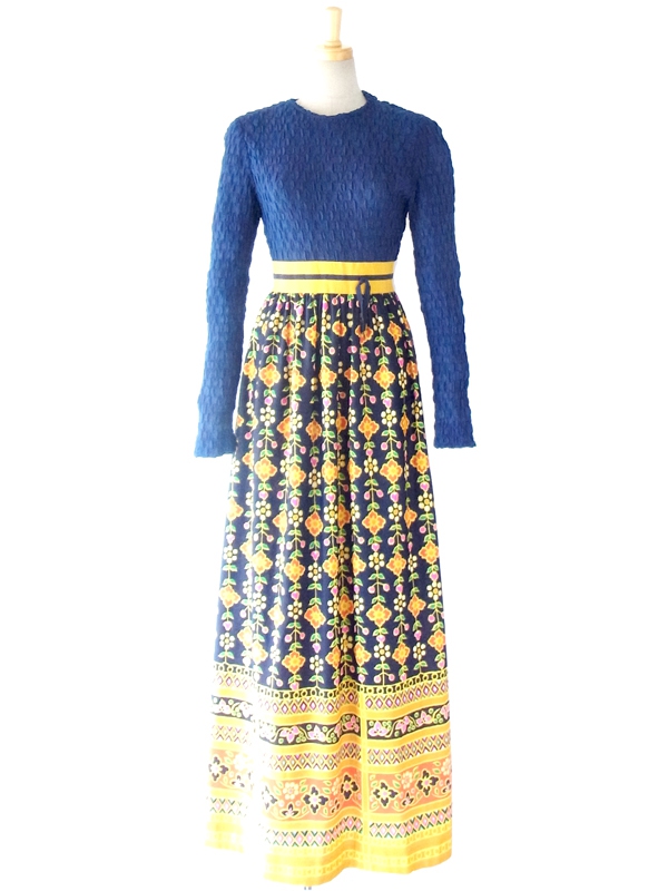 フランス買付 ６０年代製 ブルー ・イエロー レトロ花柄 ウェストにかわいいリボン マキシワンピース 14FC435