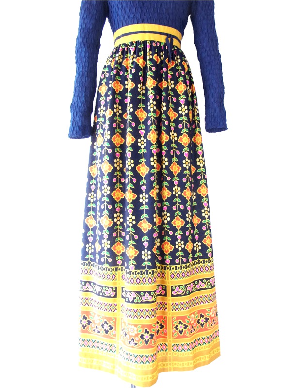 フランス買付 ６０年代製 ブルー ・イエロー レトロ花柄 ウェストにかわいいリボン マキシワンピース 14FC435