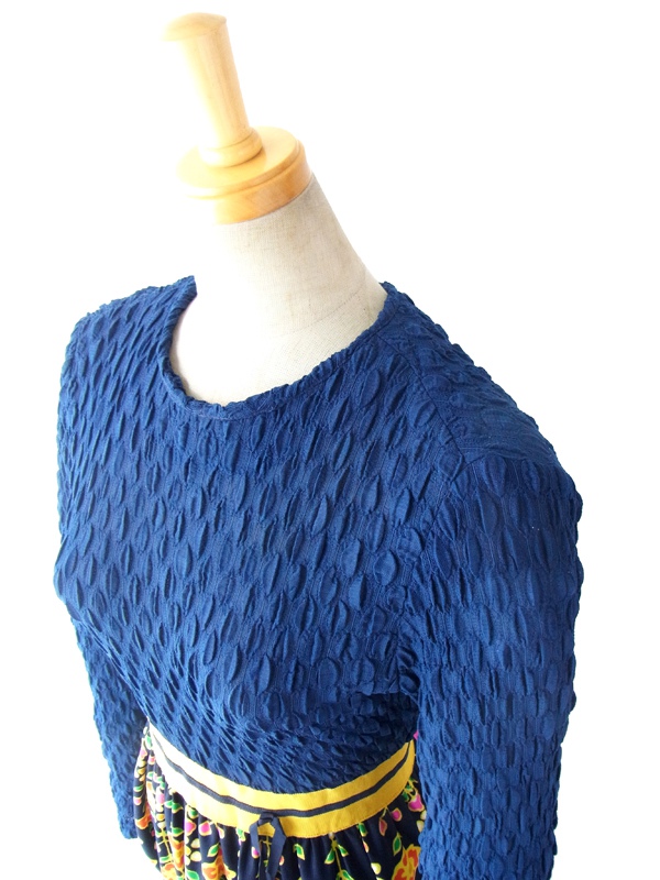 フランス買付 ６０年代製 ブルー ・イエロー レトロ花柄 ウェストにかわいいリボン マキシワンピース 14FC435