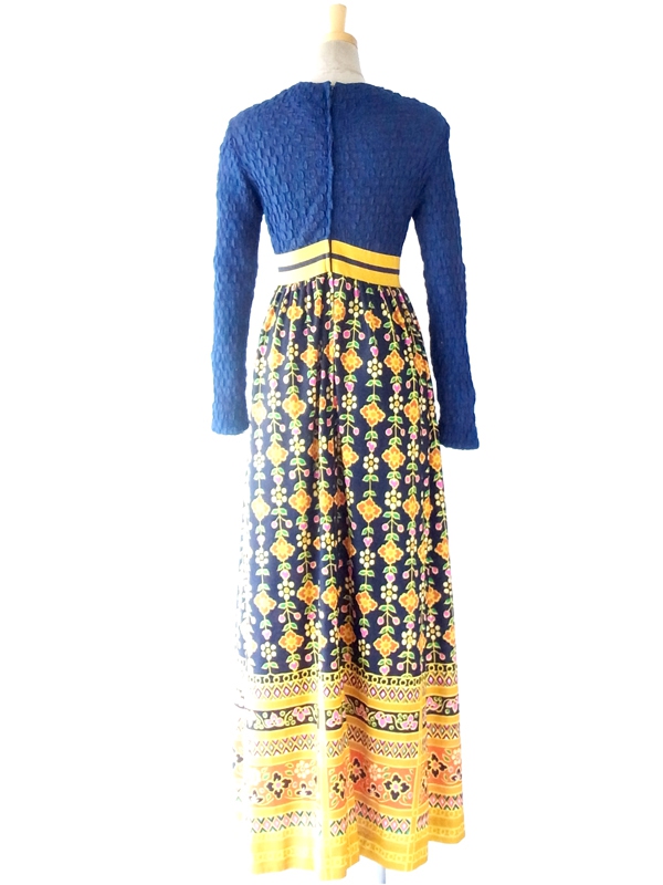 フランス買付 ６０年代製 ブルー ・イエロー レトロ花柄 ウェストにかわいいリボン マキシワンピース 14FC435