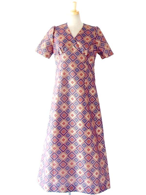 フランス買付 ６０年代製 ゴールド・ブルー・オレンジ レトロスクエアパターン マキシワンピース 14FC437