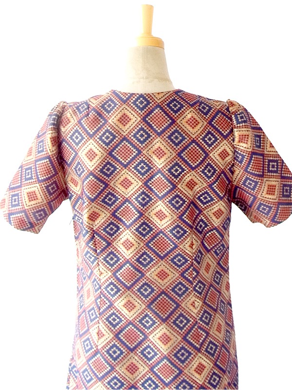 フランス買付 ６０年代製 ゴールド・ブルー・オレンジ レトロスクエアパターン マキシワンピース 14FC437