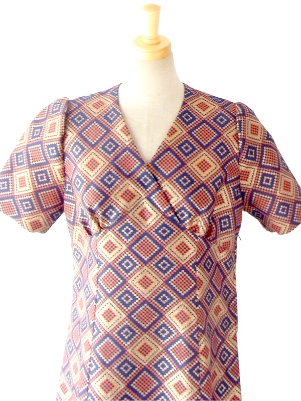 フランス買付 ６０年代製 ゴールド・ブルー・オレンジ レトロスクエアパターン マキシワンピース 14FC437