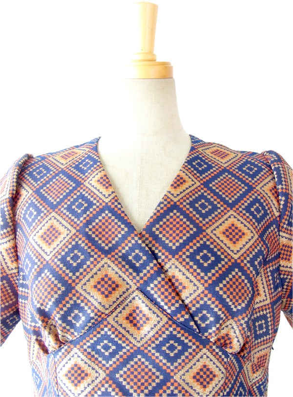 フランス買付 ６０年代製 ゴールド・ブルー・オレンジ レトロスクエアパターン マキシワンピース 14FC437