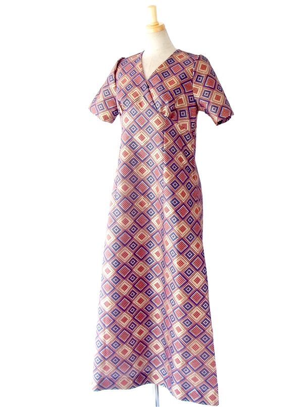 フランス買付 ６０年代製 ゴールド・ブルー・オレンジ レトロスクエアパターン マキシワンピース 14FC437