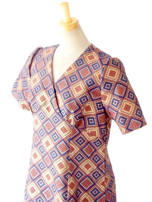 フランス買付 ６０年代製 ゴールド・ブルー・オレンジ レトロスクエアパターン マキシワンピース 14FC437
