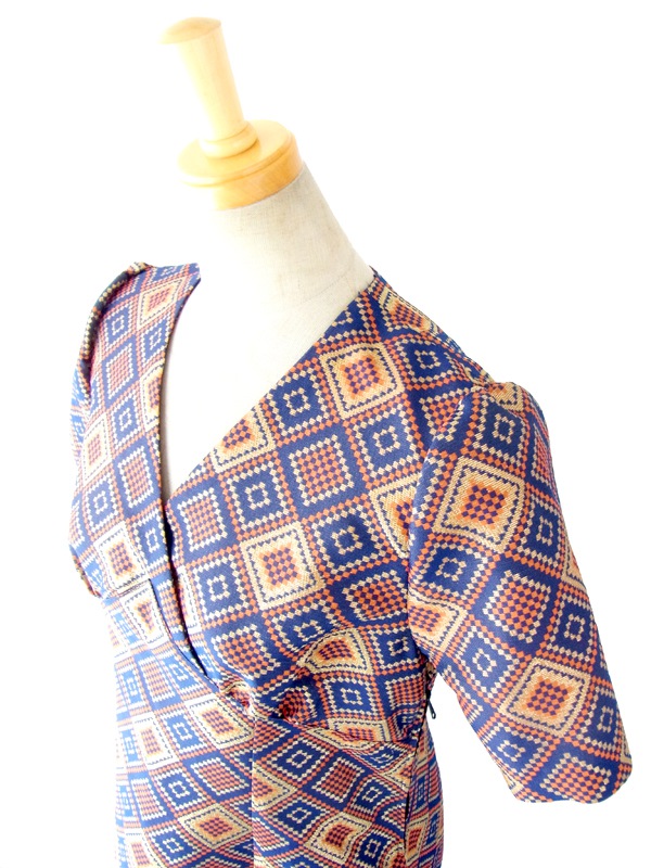 フランス買付 ６０年代製 ゴールド・ブルー・オレンジ レトロスクエアパターン マキシワンピース 14FC437