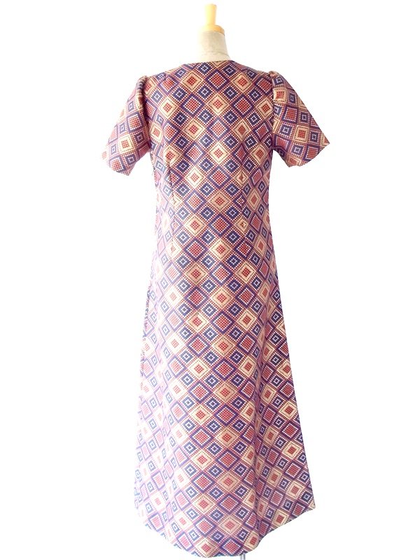 フランス買付 ６０年代製 ゴールド・ブルー・オレンジ レトロスクエアパターン マキシワンピース 14FC437