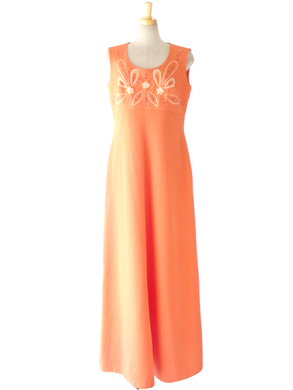フランス買付 ６０年代製 オレンジ X レトロ花柄刺繍　ビーズ飾り付き マキシワンピース 14FC439