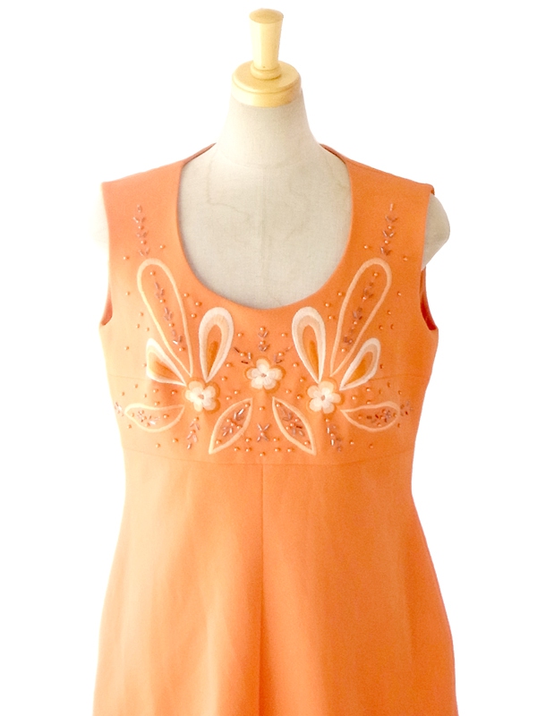 フランス買付 ６０年代製 オレンジ X レトロ花柄刺繍　ビーズ飾り付き マキシワンピース 14FC439
