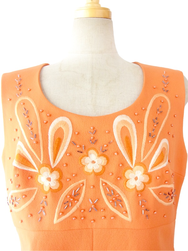 フランス買付 ６０年代製 オレンジ X レトロ花柄刺繍　ビーズ飾り付き マキシワンピース 14FC439