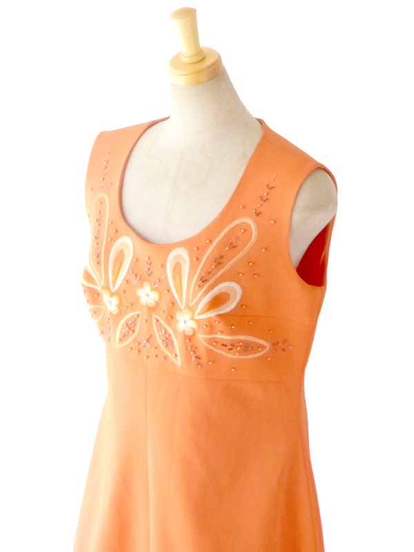 フランス買付 ６０年代製 オレンジ X レトロ花柄刺繍　ビーズ飾り付き マキシワンピース 14FC439