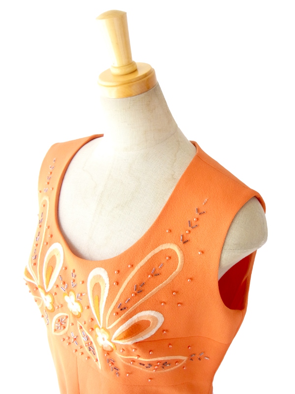 フランス買付 ６０年代製 オレンジ X レトロ花柄刺繍　ビーズ飾り付き マキシワンピース 14FC439