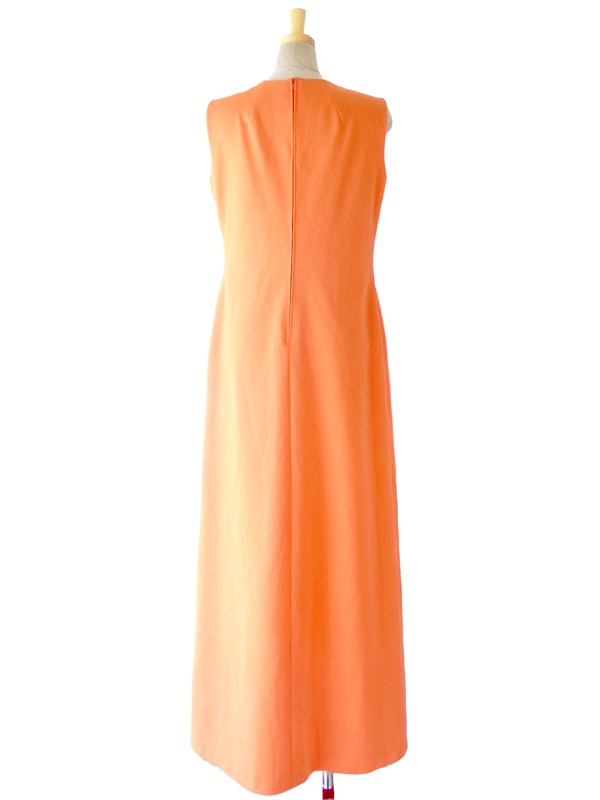 フランス買付 ６０年代製 オレンジ X レトロ花柄刺繍　ビーズ飾り付き マキシワンピース 14FC439