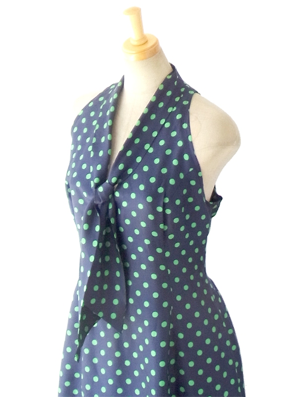 ヨーロッパ古着 フランス買い付け ６０年代製 ブルー X ミントグリーン水玉 ボウタイ ヴィンテージ ワンピース 14FC500