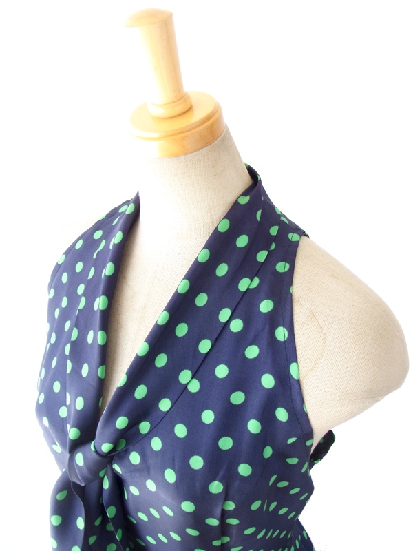 ヨーロッパ古着 フランス買い付け ６０年代製 ブルー X ミントグリーン水玉 ボウタイ ヴィンテージ ワンピース 14FC500