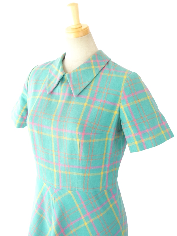 ヨーロッパ古着 フランス買い付け ６０年代製 エメラルドブルー パステルカラーチェック ヴィンテージ ウール ワンピース 14FC501