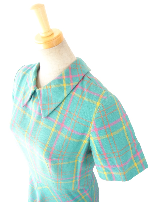 ヨーロッパ古着 フランス買い付け ６０年代製 エメラルドブルー パステルカラーチェック ヴィンテージ ウール ワンピース 14FC501
