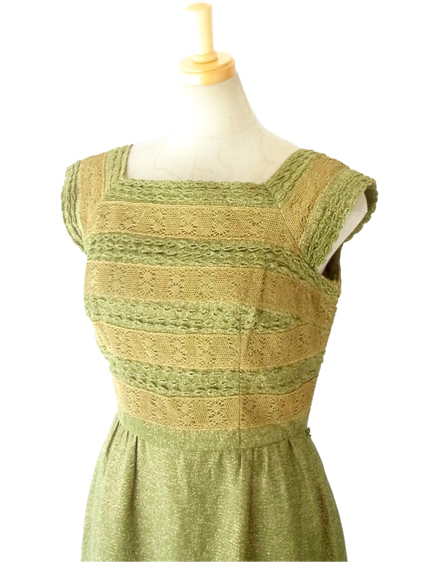 ヨーロッパ古着 フランス買い付け スパニッシュオリーブ X ゴールドラメ アンティークドレス 14FC502