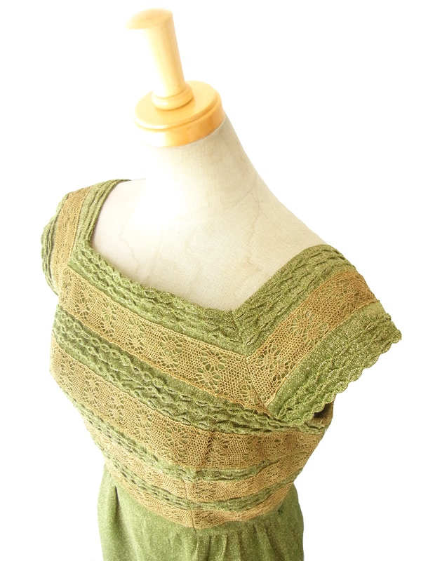 ヨーロッパ古着 フランス買い付け スパニッシュオリーブ X ゴールドラメ アンティークドレス 14FC502