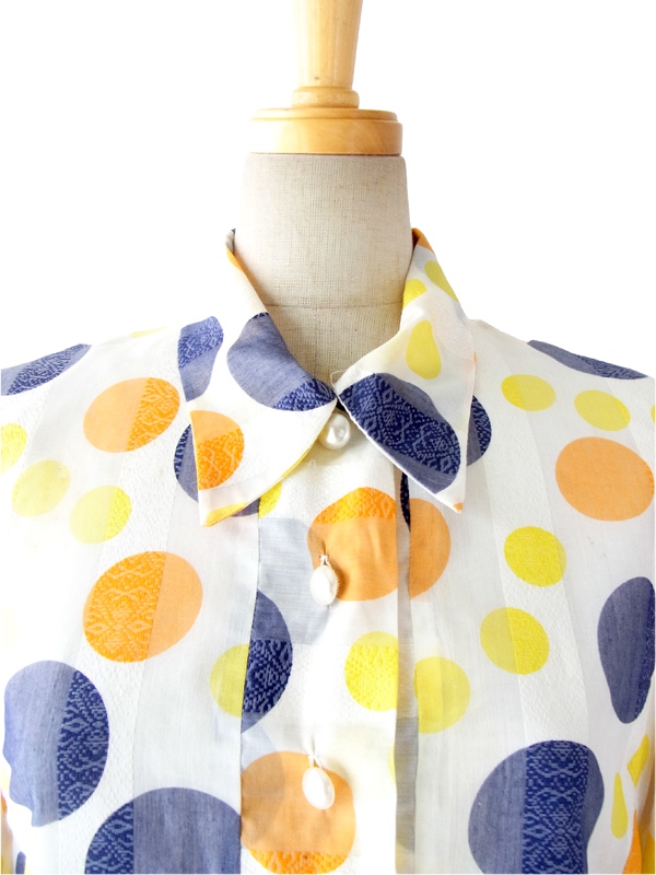 ヨーロッパ古着 フランス買い付け ６０年代製 ホワイト X カラフル水玉 レトロポップ ヴィンテージ ワンピース 14FC503