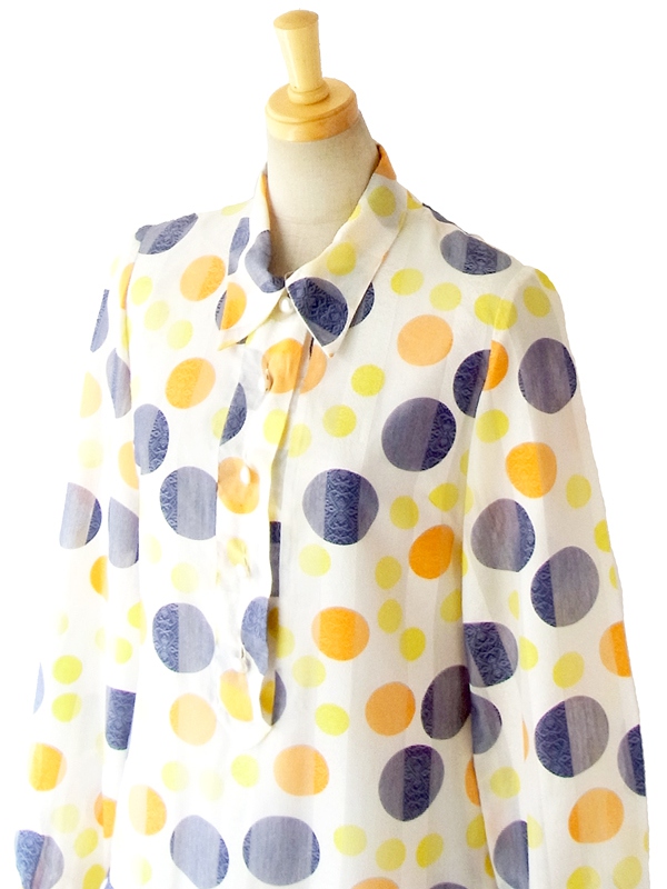 ヨーロッパ古着 フランス買い付け ６０年代製 ホワイト X カラフル水玉 レトロポップ ヴィンテージ ワンピース 14FC503