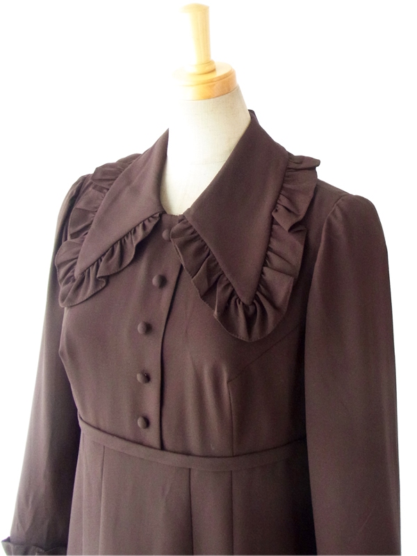 ヨーロッパ古着 フランス買い付け ６０年代製 ダークブラウン X ギャザーフリル ヴィンテージ ワンピース14FC505