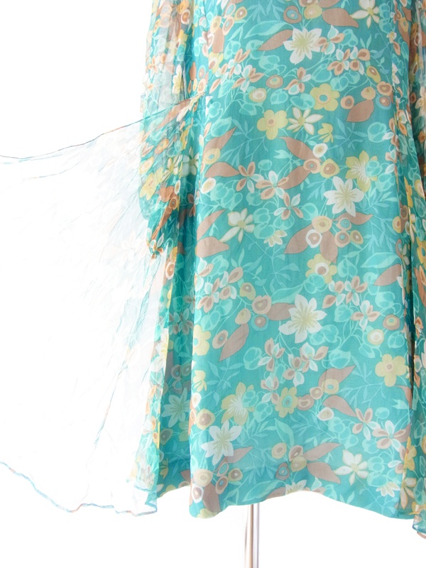 ヨーロッパ古着 ６０年代製 水色シフォン地 花柄プリント 結婚パーティーにおすすめ ヴィンテージ ワンピース 14FC506