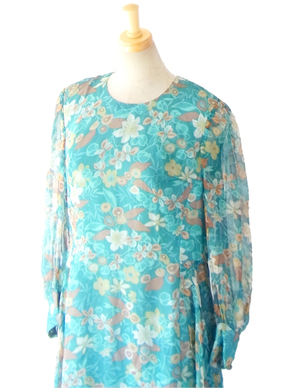 ヨーロッパ古着 ６０年代製 水色シフォン地 花柄プリント 結婚パーティーにおすすめ ヴィンテージ ワンピース 14FC506