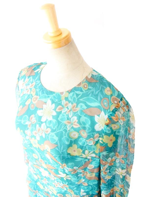 ヨーロッパ古着 ６０年代製 水色シフォン地 花柄プリント 結婚パーティーにおすすめ ヴィンテージ ワンピース 14FC506