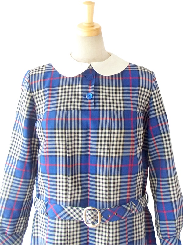 ヨーロッパ古着 フランス買い付け ６０年代製 ブルー X チェックデザイン ホワイト丸襟 ヴィンテージ ワンピース 14FC507