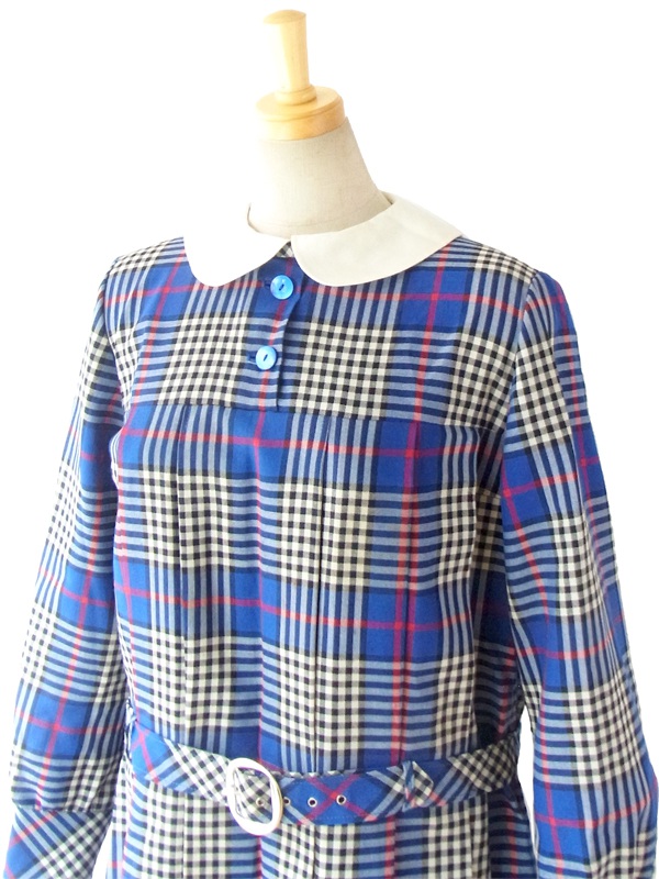 ヨーロッパ古着 フランス買い付け ６０年代製 ブルー X チェックデザイン ホワイト丸襟 ヴィンテージ ワンピース 14FC507