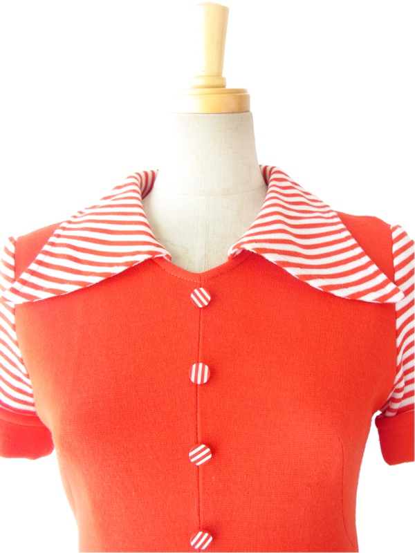 ヨーロッパ古着 ６０年代製 レッド・ホワイト バイカラー ストライプ レトロデザイン ヴィンテージ ワンピース 14FC511