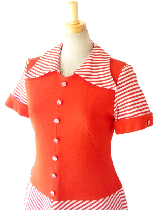 ヨーロッパ古着 ６０年代製 レッド・ホワイト バイカラー ストライプ レトロデザイン ヴィンテージ ワンピース 14FC511