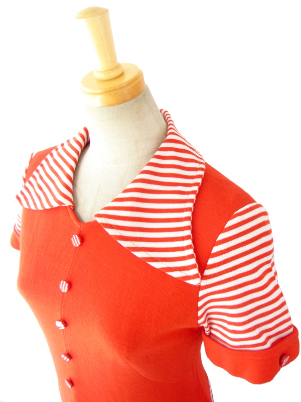 ヨーロッパ古着 ６０年代製 レッド・ホワイト バイカラー ストライプ レトロデザイン ヴィンテージ ワンピース 14FC511