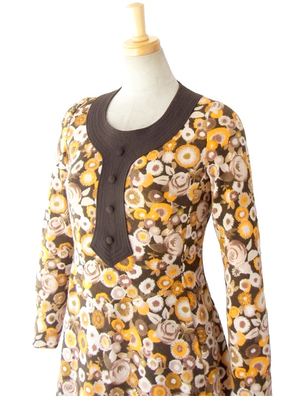 ヨーロッパ古着 フランス買い付け ６０年代製 ブラン・オレンジ 花柄 ヴィンテージ レトロ ウール ワンピース 14FC516